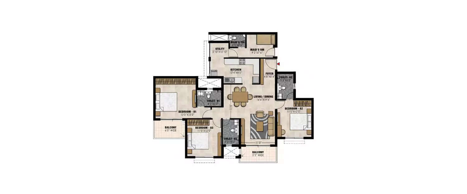 Floor plan for 3 BHK