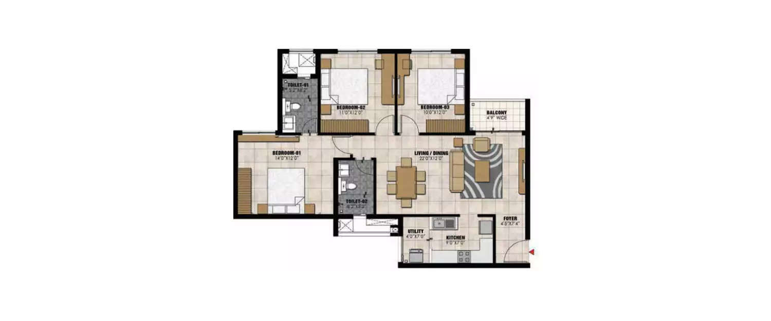 Floor plan for 3 BHK