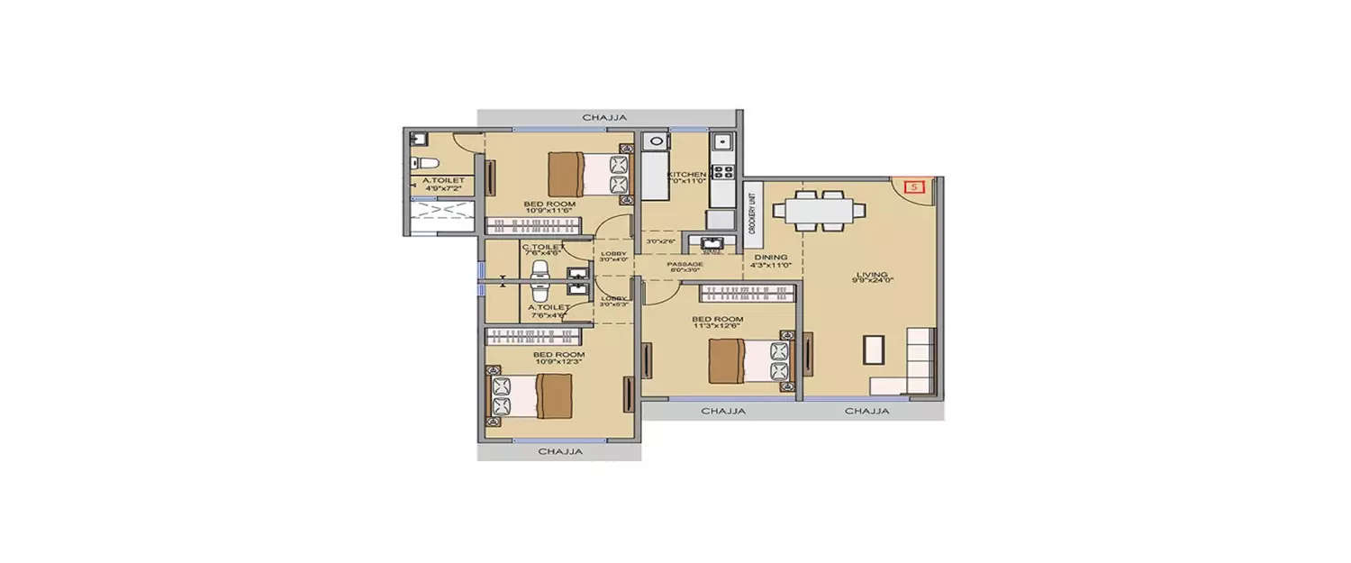 Floor plan for 3 BHK