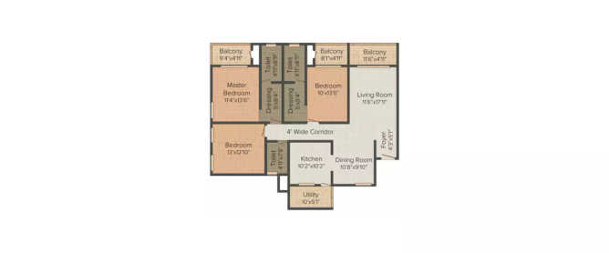 Paranjape Wind Fields Hebbal - Floor plan 3 BHK 1048 Sq.ft