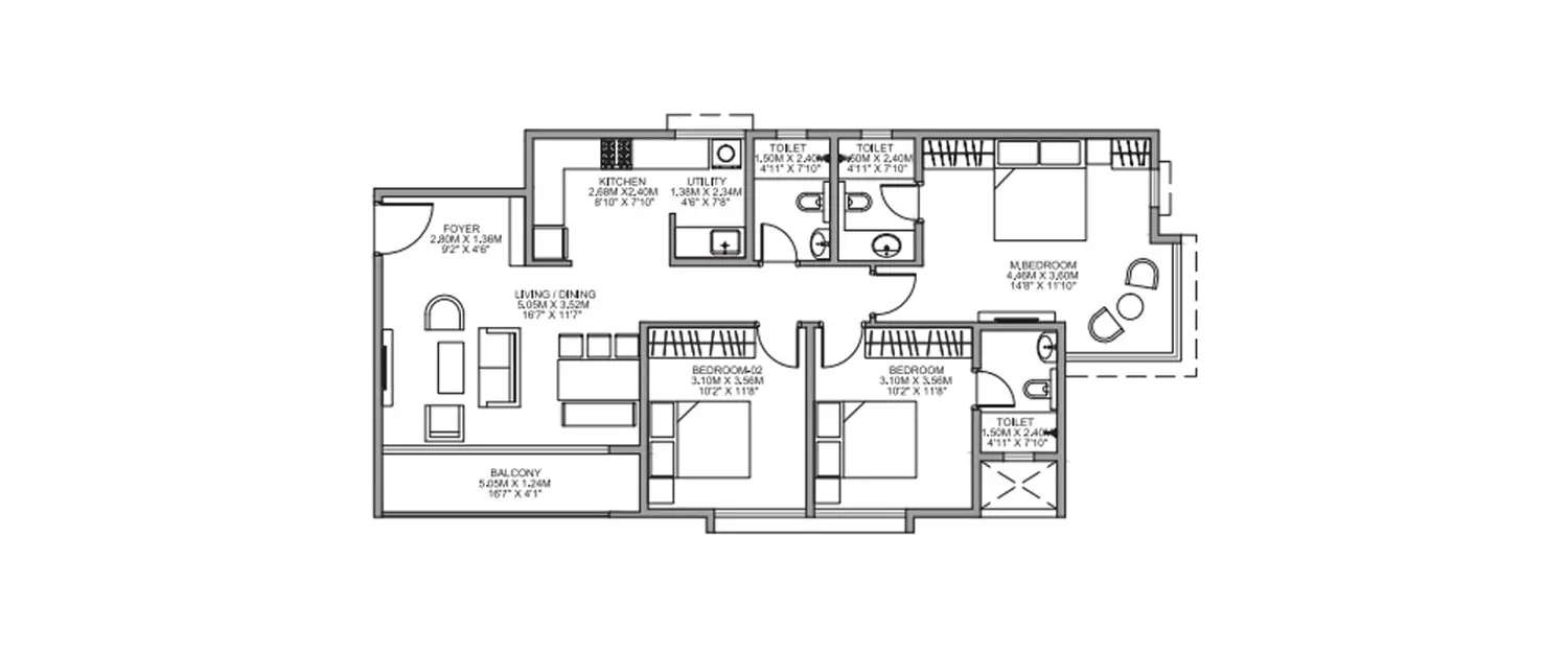 Floor plan for 3 BHK