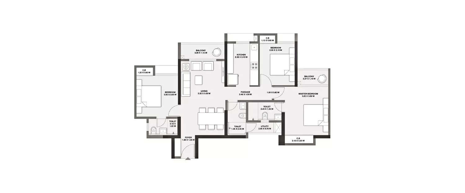 Floor plan for 3 BHK