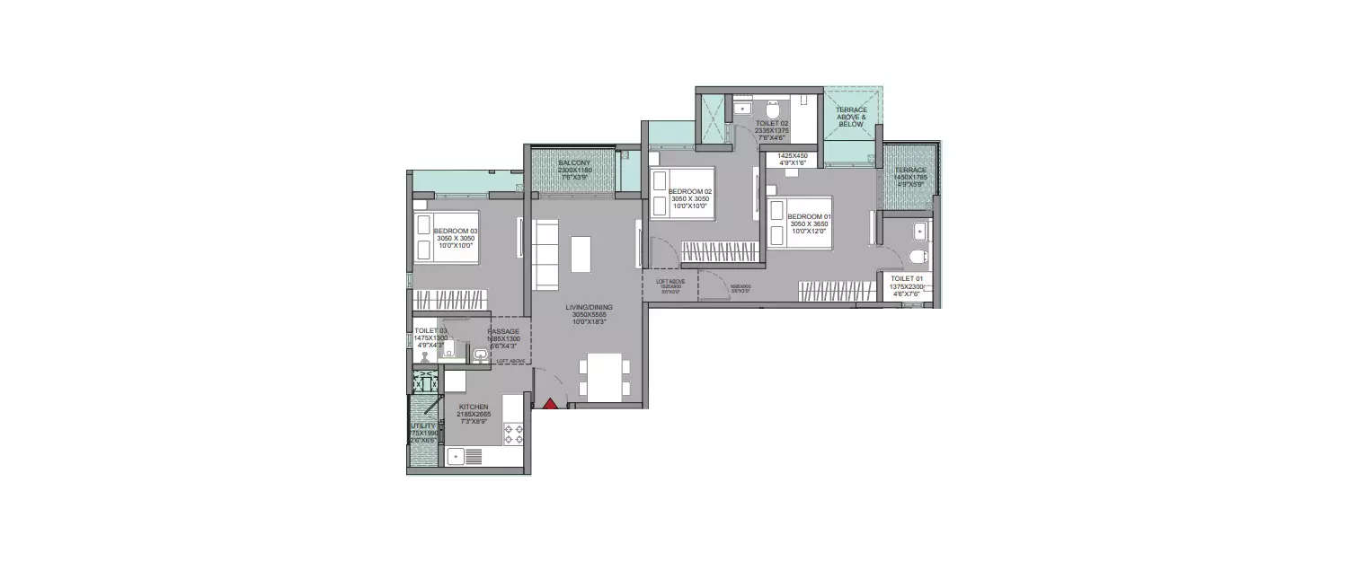 Floor plan for 3 BHK