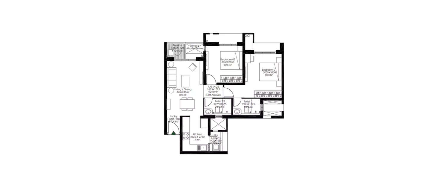 Floor plan for 2 BHK