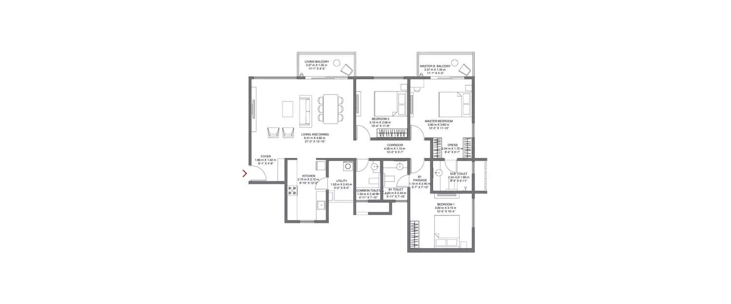 Floor plan for 3 BHK