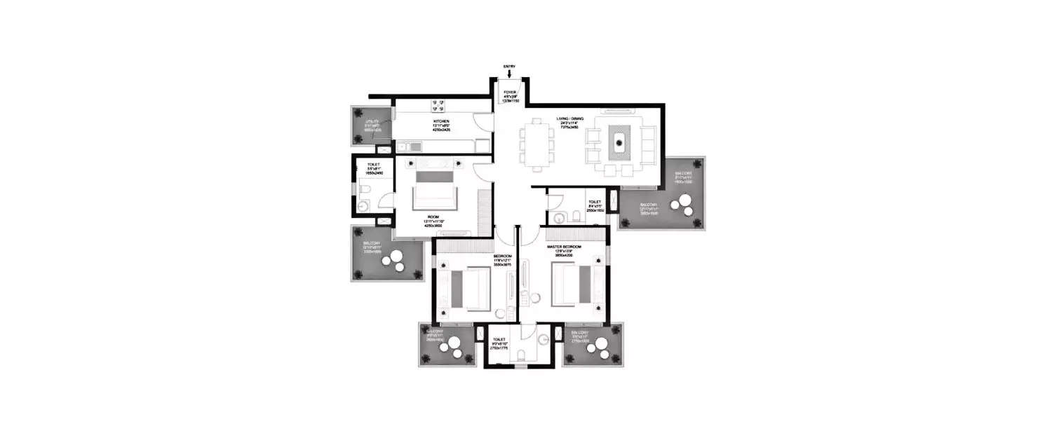 Floor plan for 3 BHK