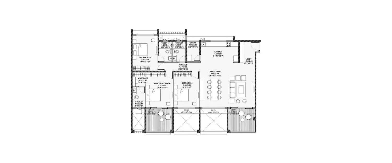 Floor plan for 3 BHK