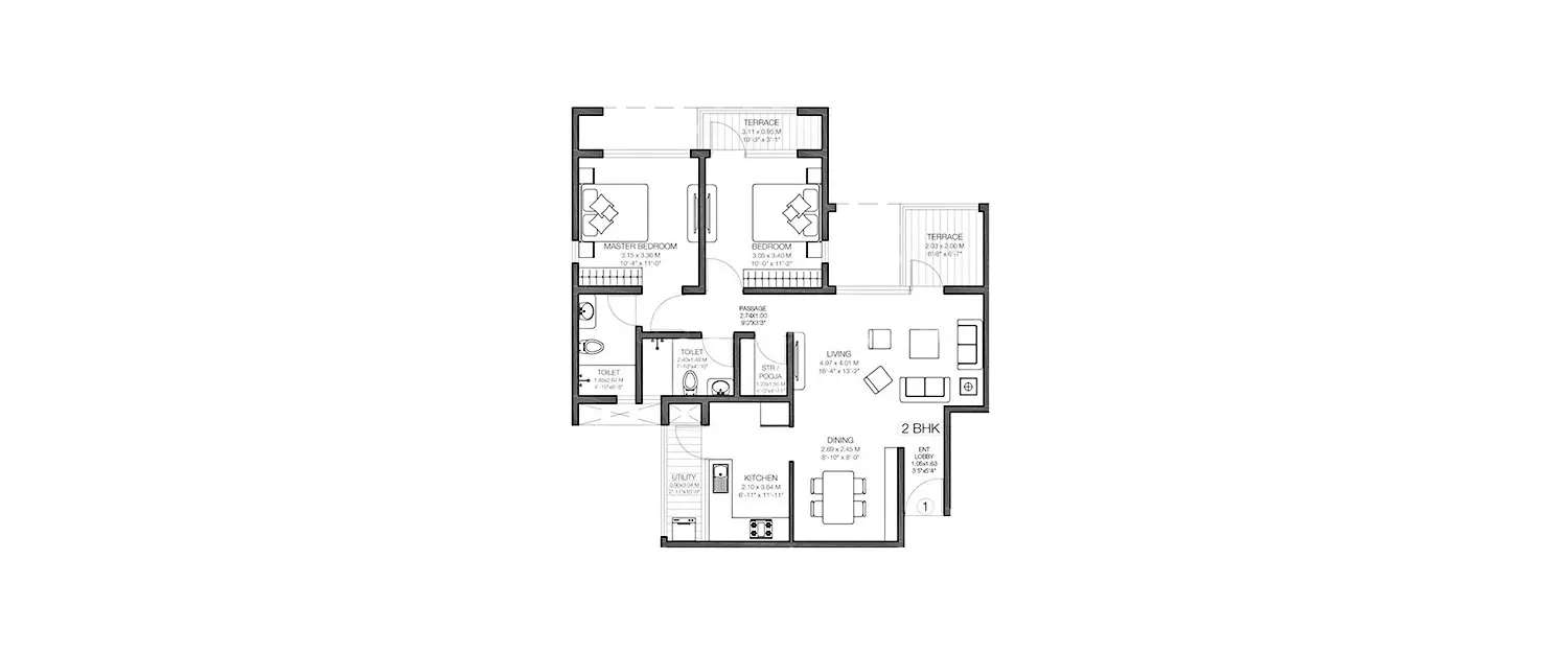 Floor plan for 2 BHK