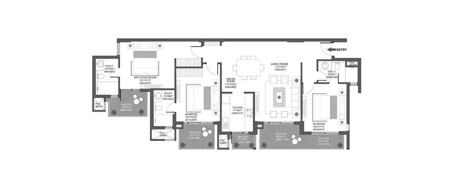 Floor plan for 3 BHK