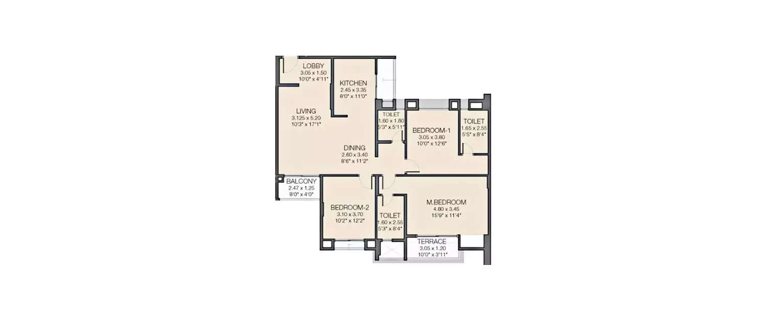 Floor plan for 3 BHK