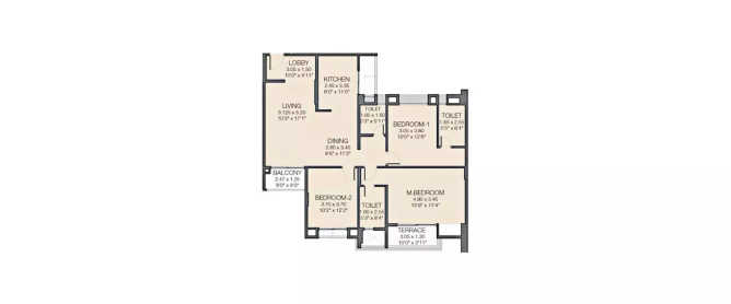 Godrej Prana Undri - Floor plan 3 BHK 783 Sq.ft