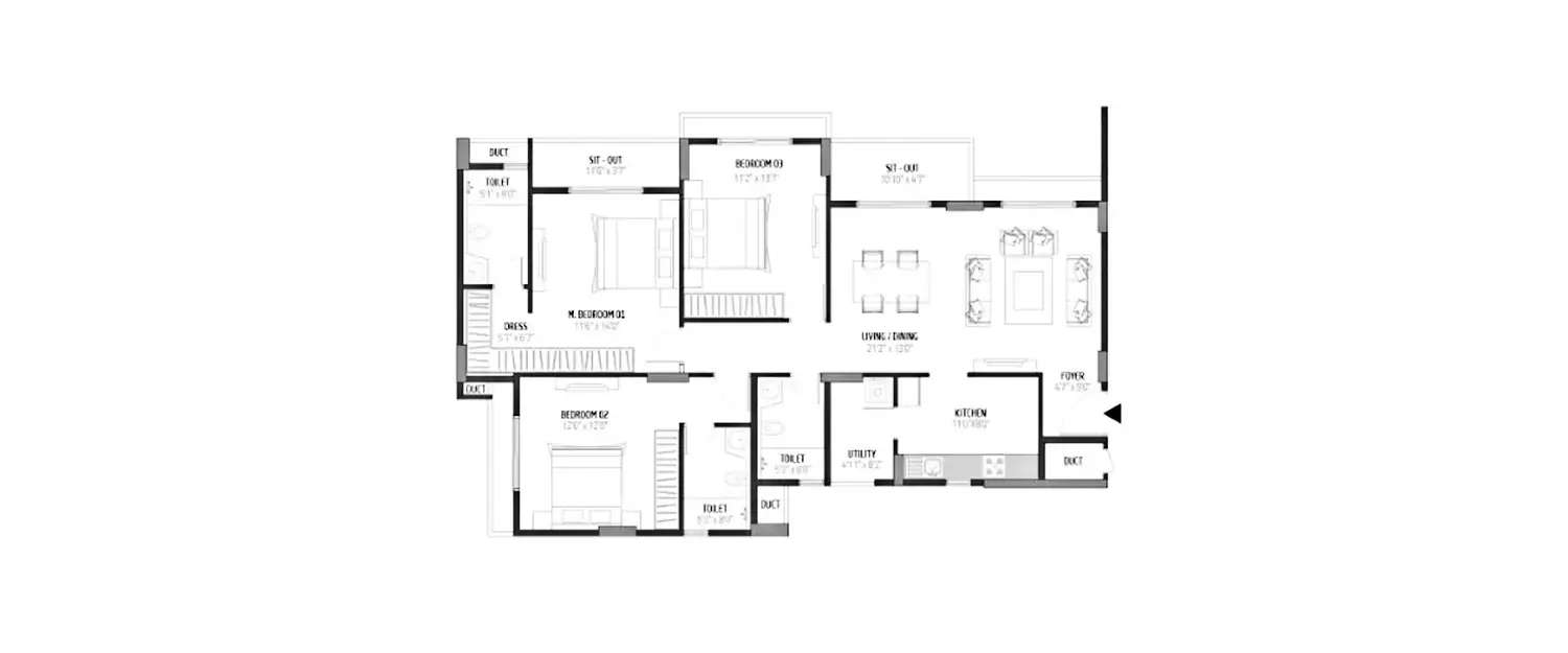 Floor plan for 3 BHK