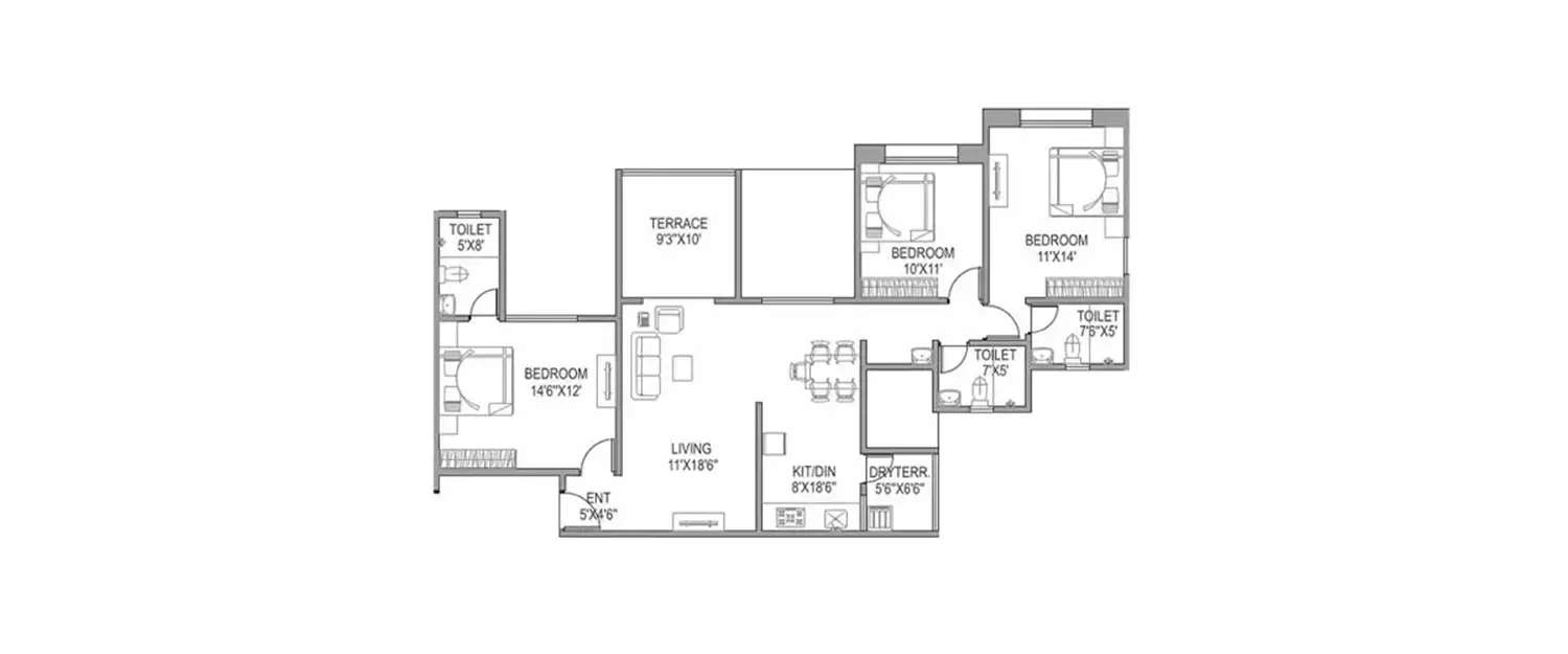 Floor plan for 3 BHK