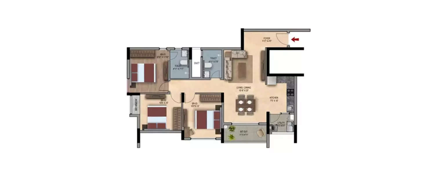 Floor plan for 3 BHK