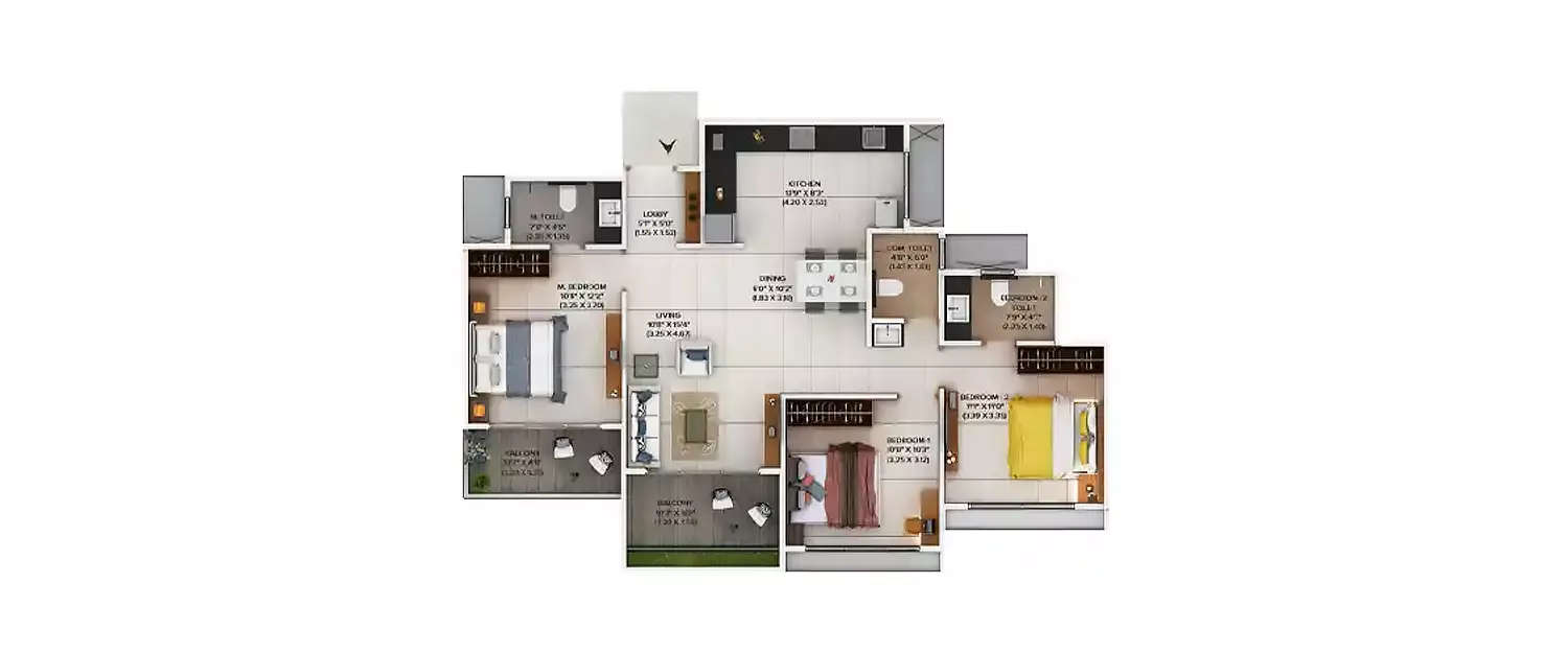 Floor plan for 3 BHK