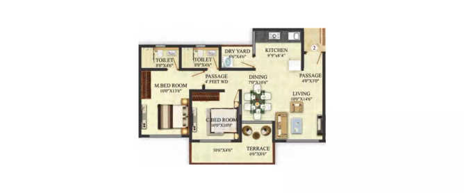 Puranik Aldea Baner - Floor plan 2 BHK 1064 Sq.ft