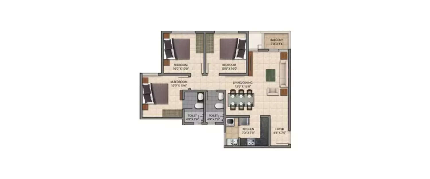 Floor plan for 3 BHK
