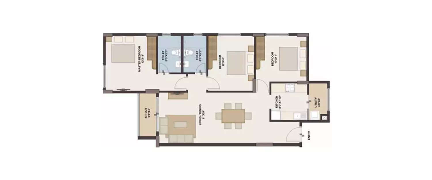 Floor plan for 3 BHK