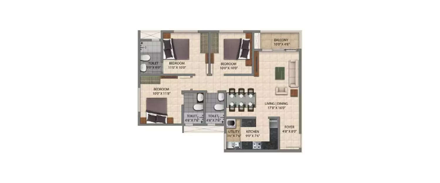Floor plan for 3 BHK