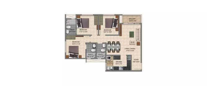 Provident Park One Mallasandra - Floor plan 3 BHK 1106 Sq.ft