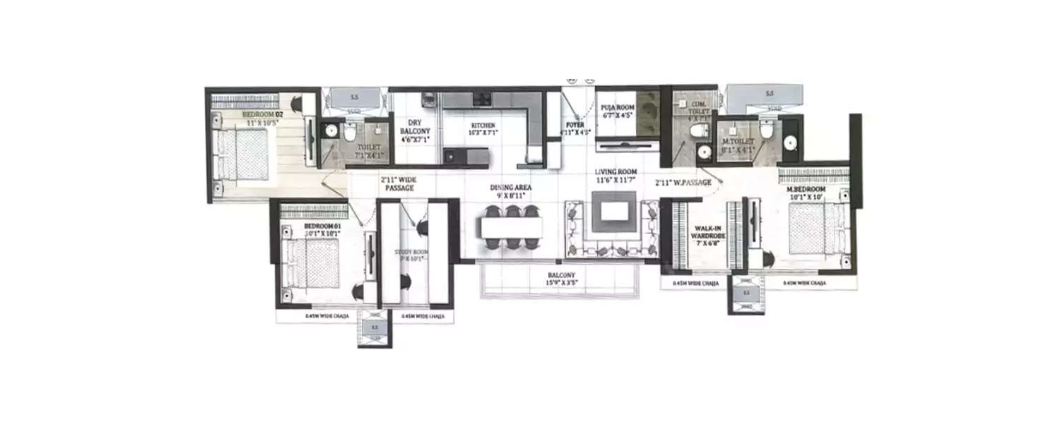 Floor plan for 3 BHK
