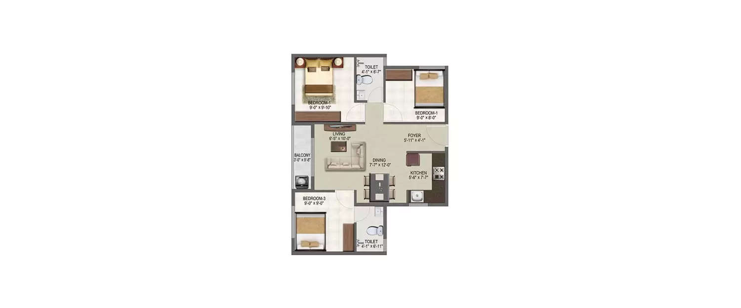 Floor plan for 3 BHK