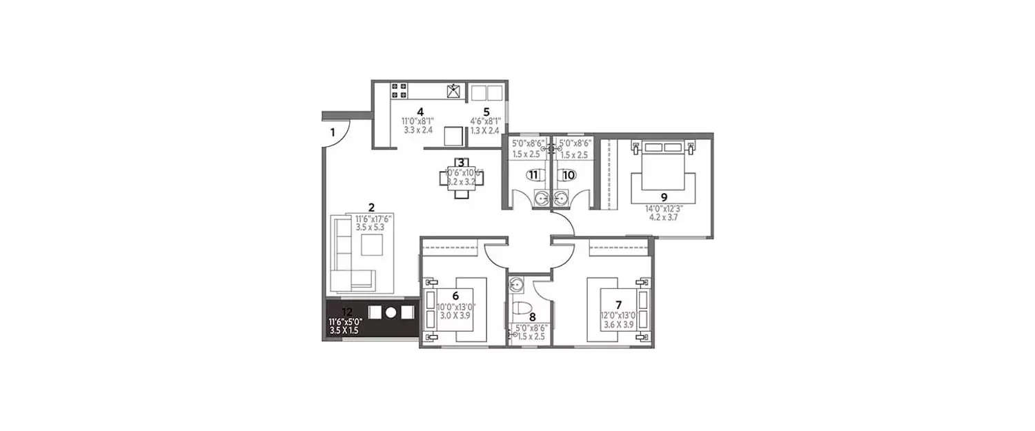 Floor plan for 3 BHK