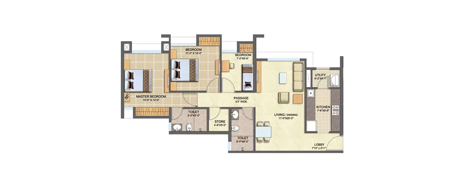 Floor plan for 3 BHK