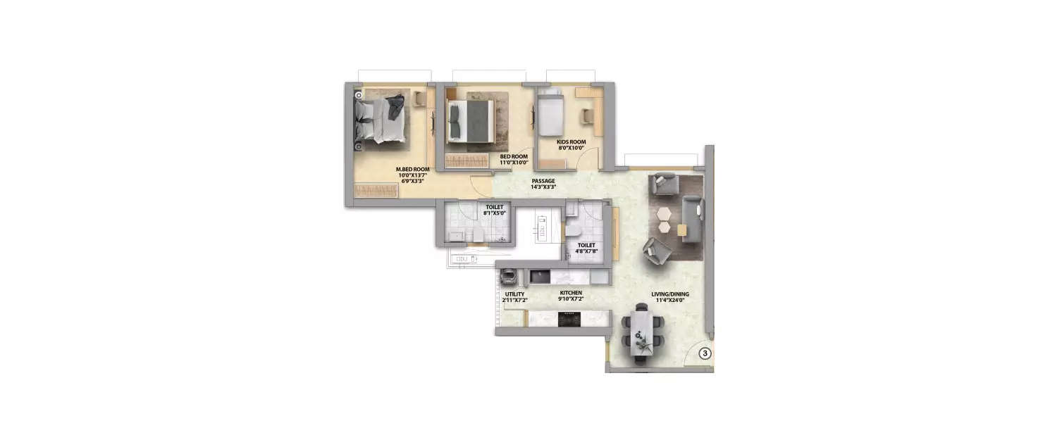 Floor plan for 3 BHK