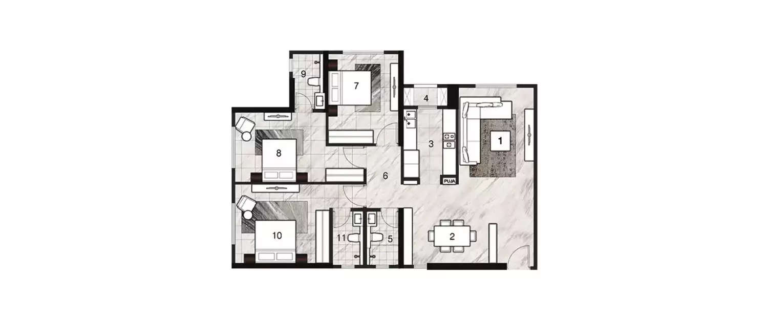 Floor plan for 3 BHK