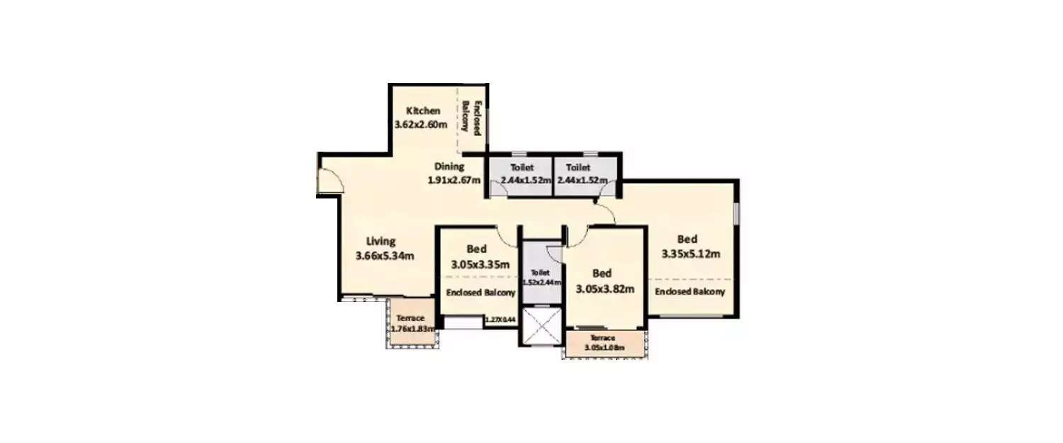 Floor plan for 3 BHK