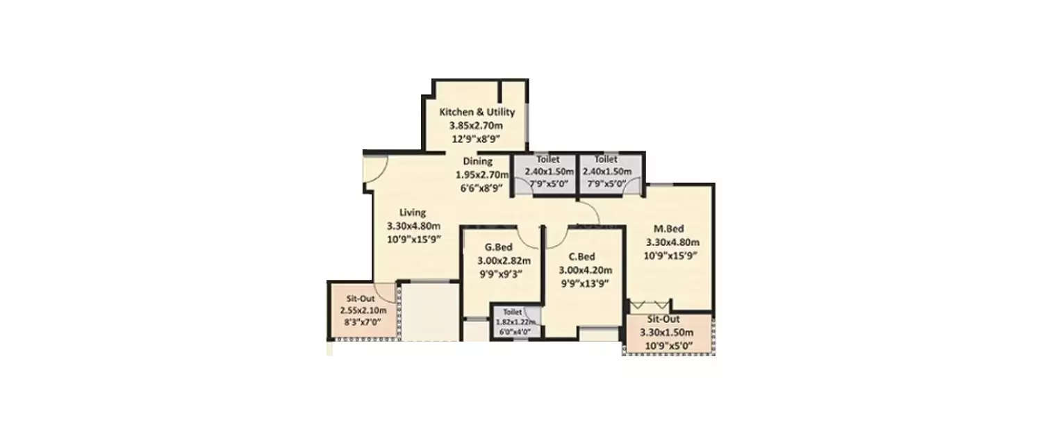 Floor plan for 3 BHK