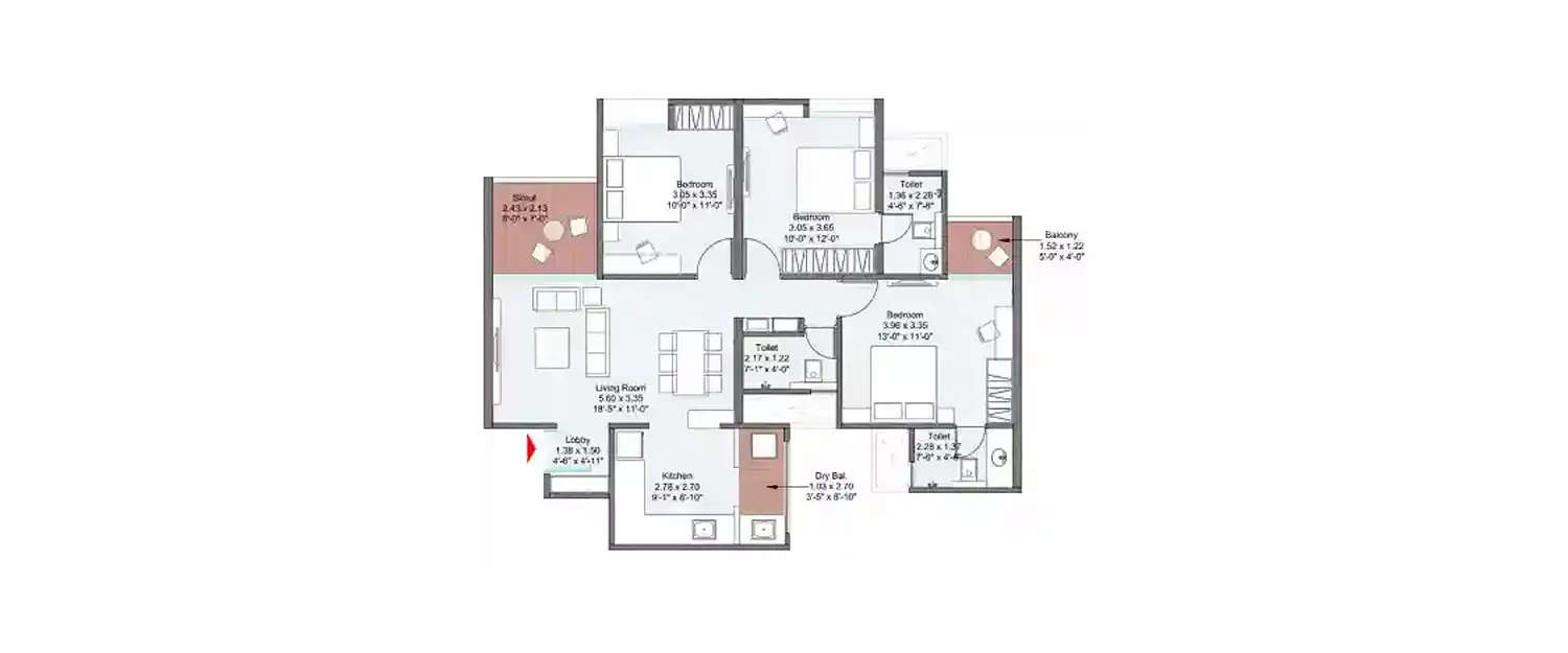 Floor plan for 3 BHK