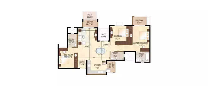 Purva High Crest Anjanapura - Floor plan 3 BHK 1665 Sq.ft