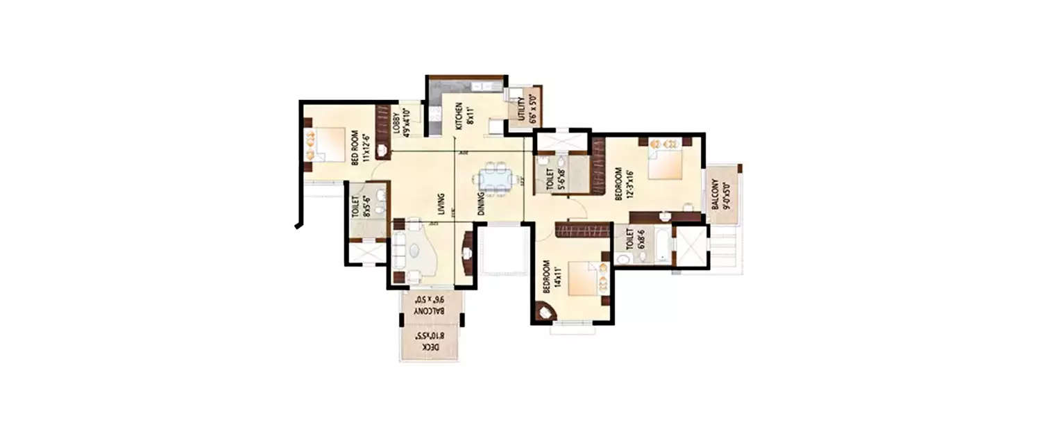 Floor plan for 3 BHK