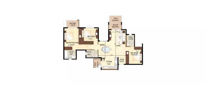 Purva Scarlet Terraces Anjanapura - Floor plan 3 BHK 1665 Sq.ft