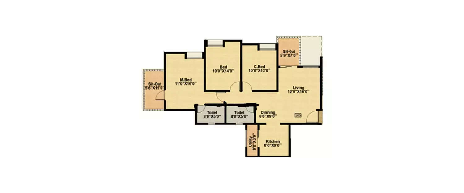 Floor plan for 3 BHK