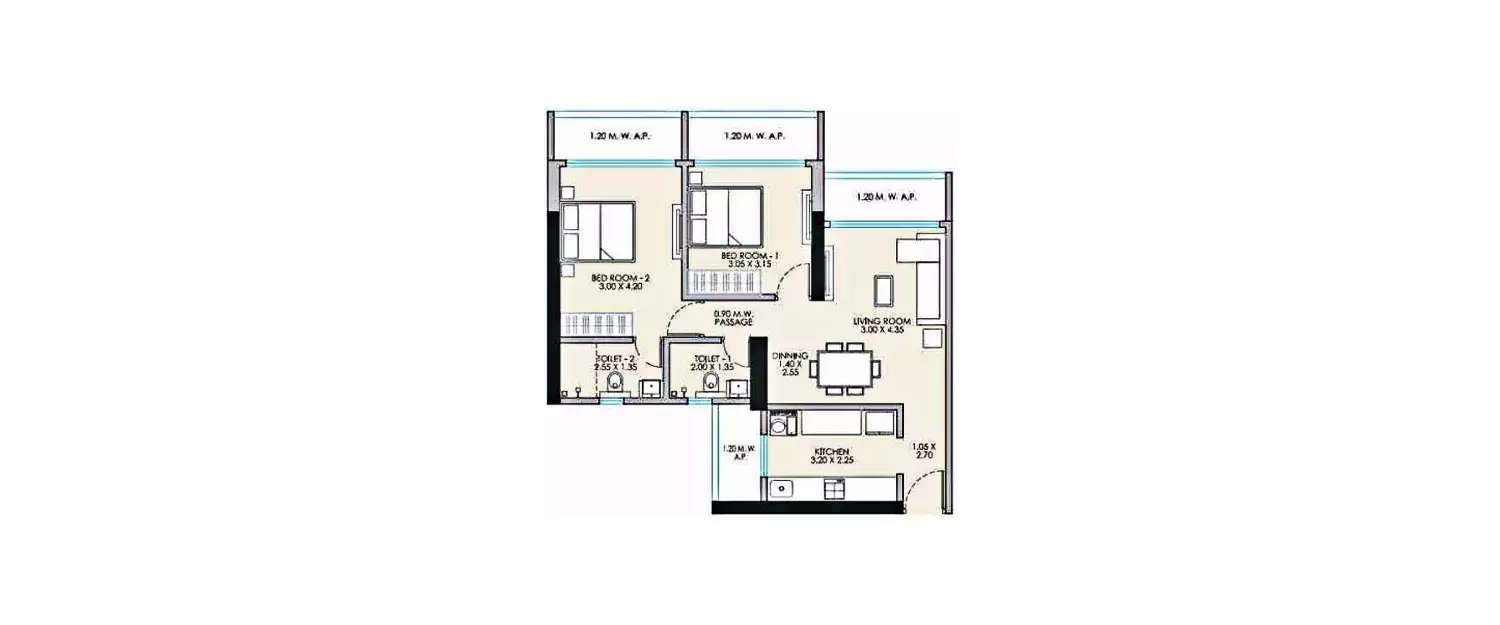 Floor plan for 2 BHK
