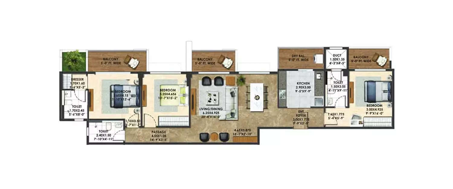 Floor plan for 3 BHK