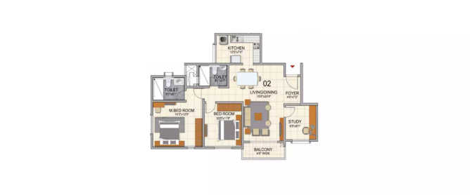 Prestige North Point Kammanahalli - Floor plan 2.5 BHK 969 Sq.ft