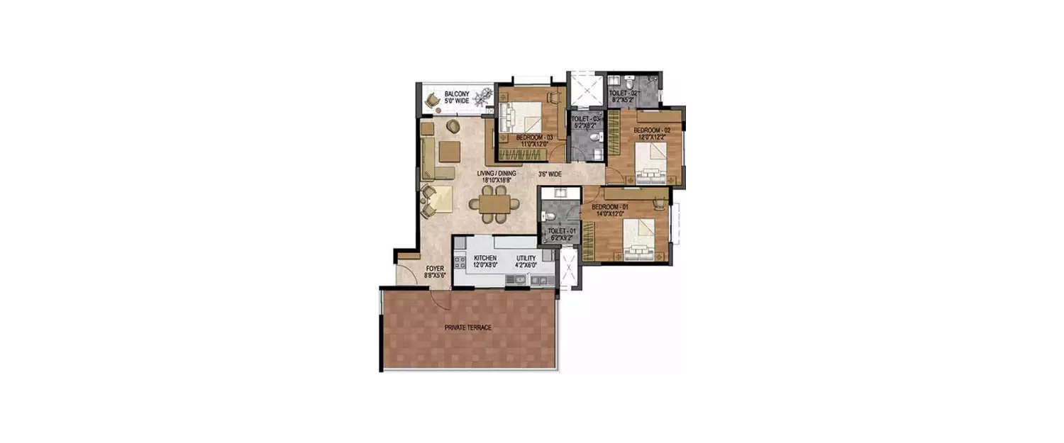 Floor plan for 3 BHK