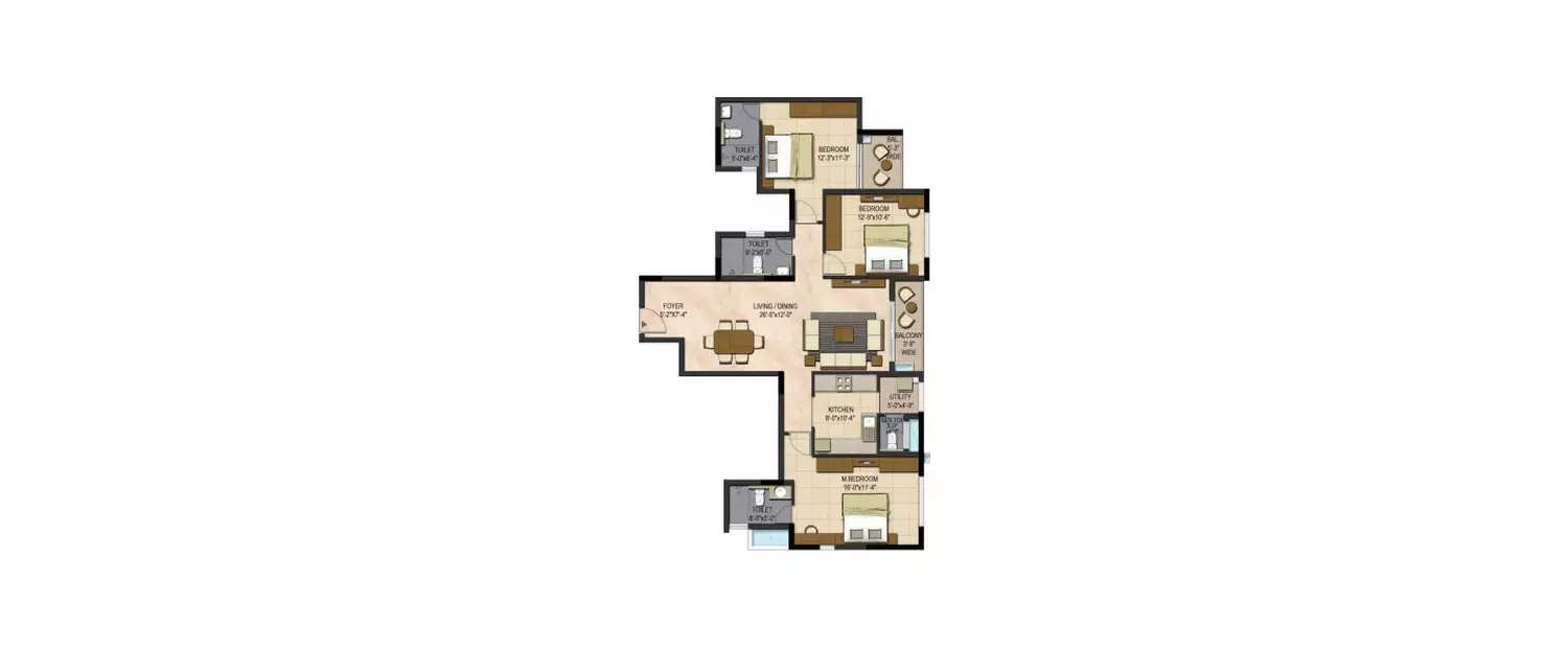 Floor plan for 3 BHK