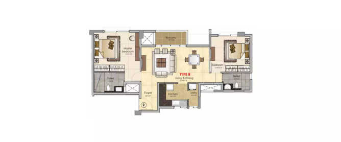 Prestige MSR Mathikere - Floor plan 2 BHK 816 Sq.ft