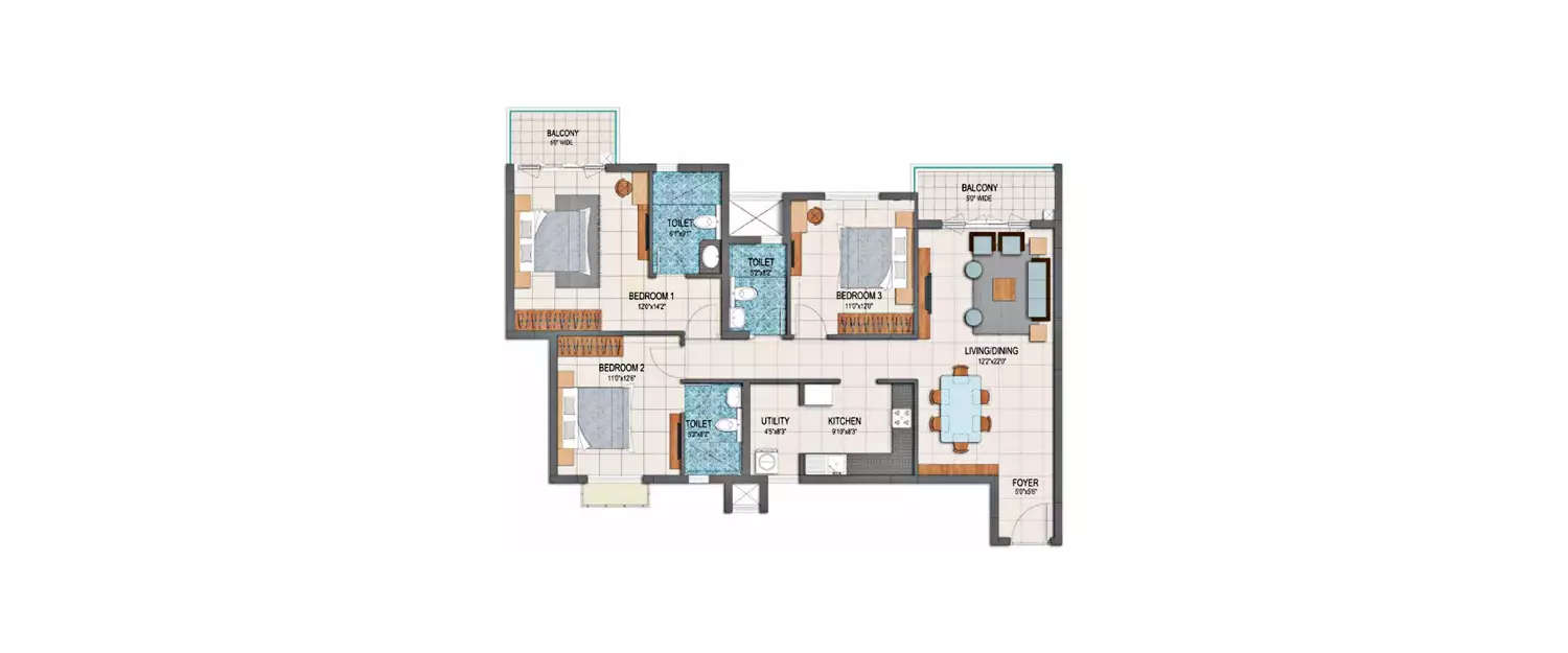 Floor plan for 3 BHK