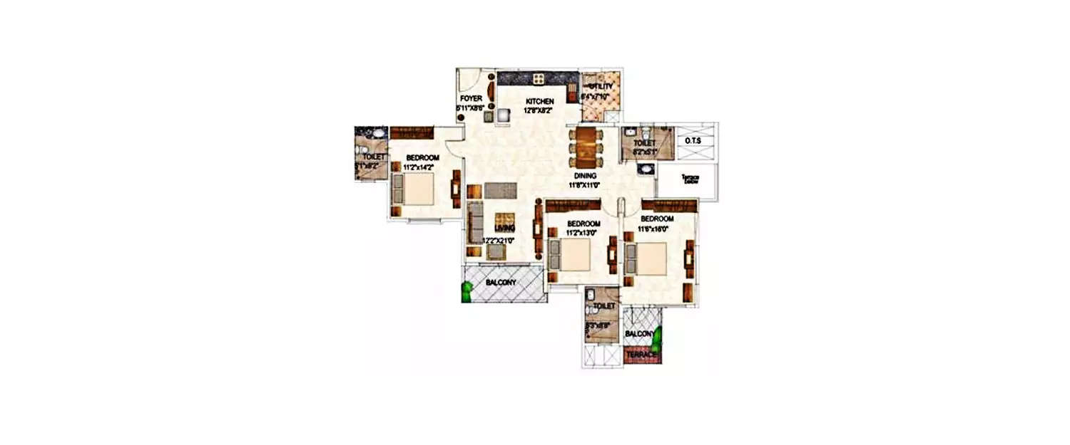Floor plan for 3 BHK