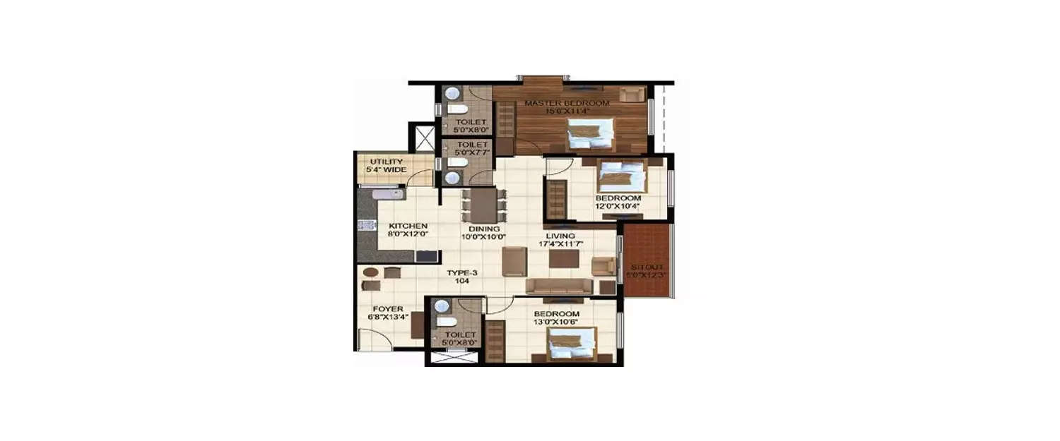 Floor plan for 3 BHK