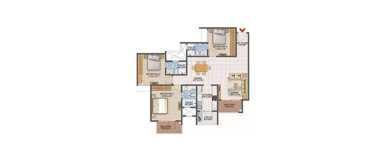 Floor plan for 3 BHK