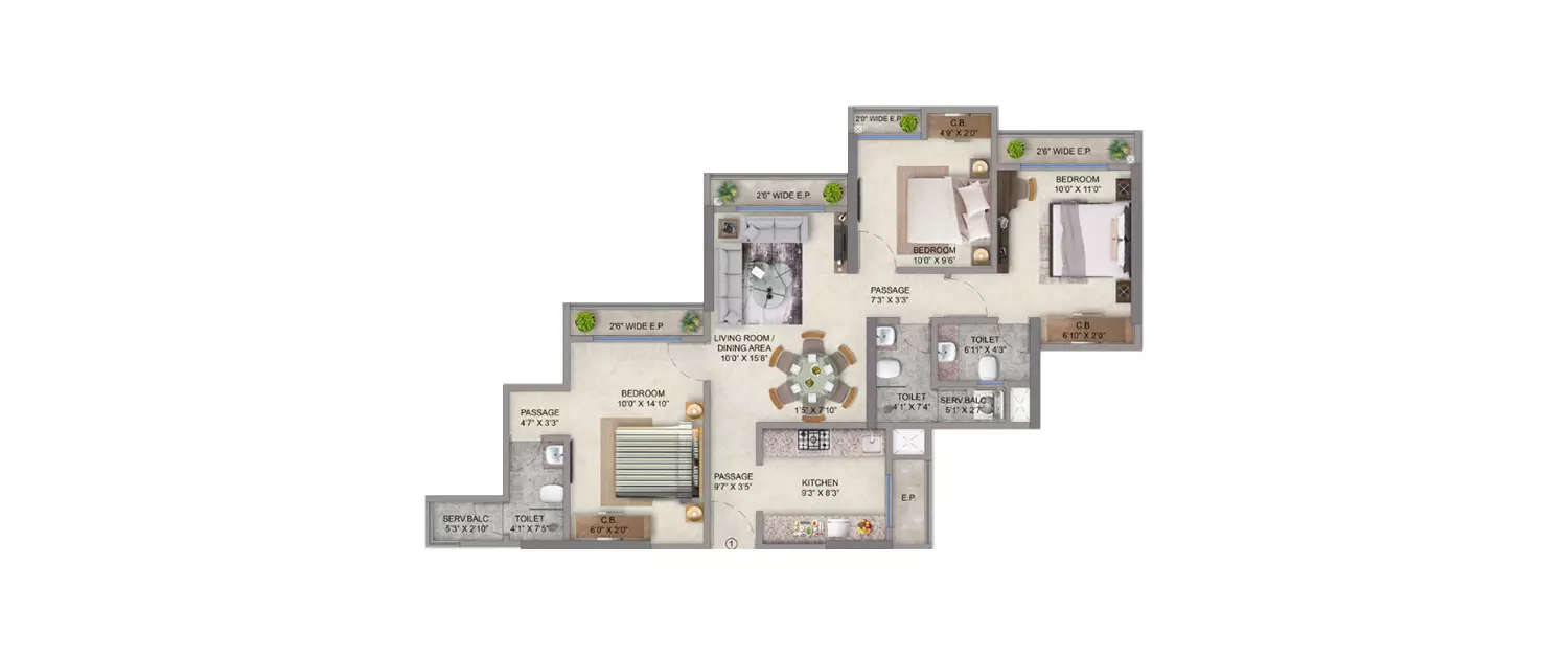 Floor plan for 3 BHK