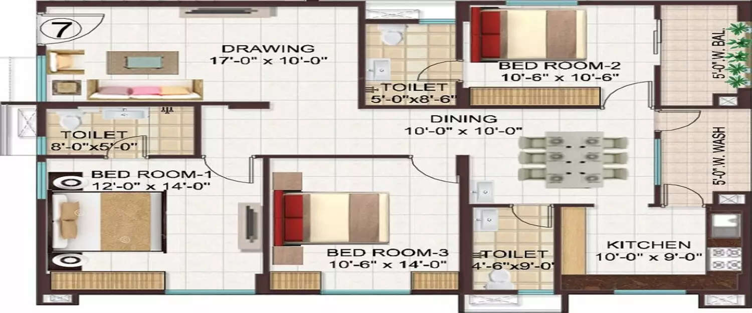 Floor plan for 3 BHK