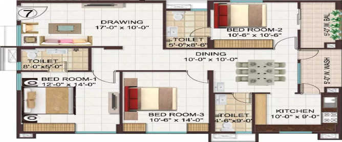 Shapoorji SP Residency Fursungi - Floor plan 3 BHK 1567 Sq.ft